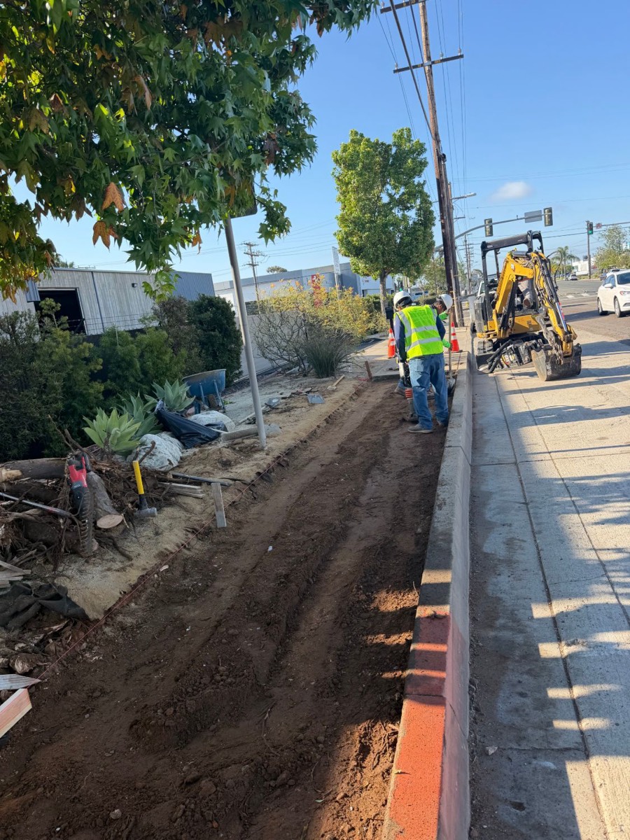 SD Sidewalks crew on site — demolition complete, base graded and formed for the new pour, mini-excavator at the curb