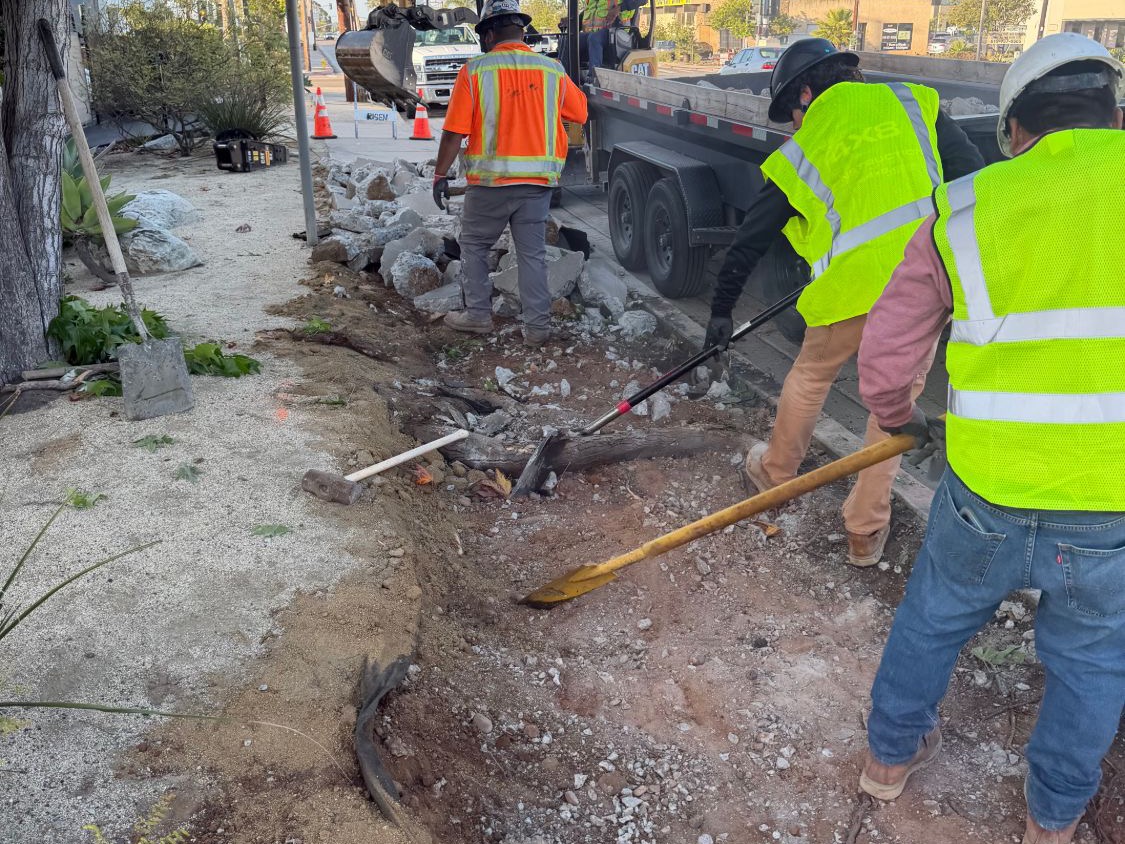 SD Sidewalks crew demolishing an old San Diego sidewalk — breaking out the damaged concrete and loading debris, excavator on site